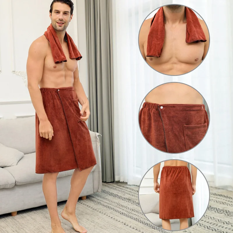 Men's Shower Towel With Safety and Pocket Quick Drying Water Absorption Bath Skirt Microfiber Buckle Towel Large Bathrobe
