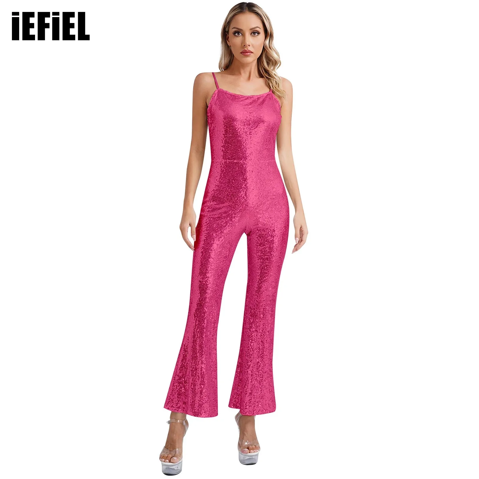 Womens Sparkly Sequin Slip Rompers Spaghetti Straps High Waist Wide Leg Flare Pants One-Piece Jumpsuit for Halloween Club Party elegant spaghetti straps women jumpsuit solid off shoulder wide leg pants one piece rompers 2023 summer sexy club party outfits