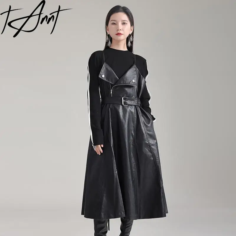 

Tannt Women Dress Sleeveless Bandages Black Pu Leather Dresses Fashion Vintage Autumn And Winter Long Leather Dresses Women 2023