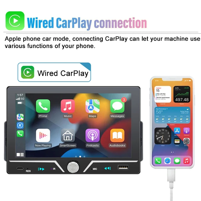 PHONEPACE Car Radio 1 Din Wireless Android Auto Carplay MP5 Stereo 7" IPS Screen Bluetooth Mirror Link Type-C Charging Universal