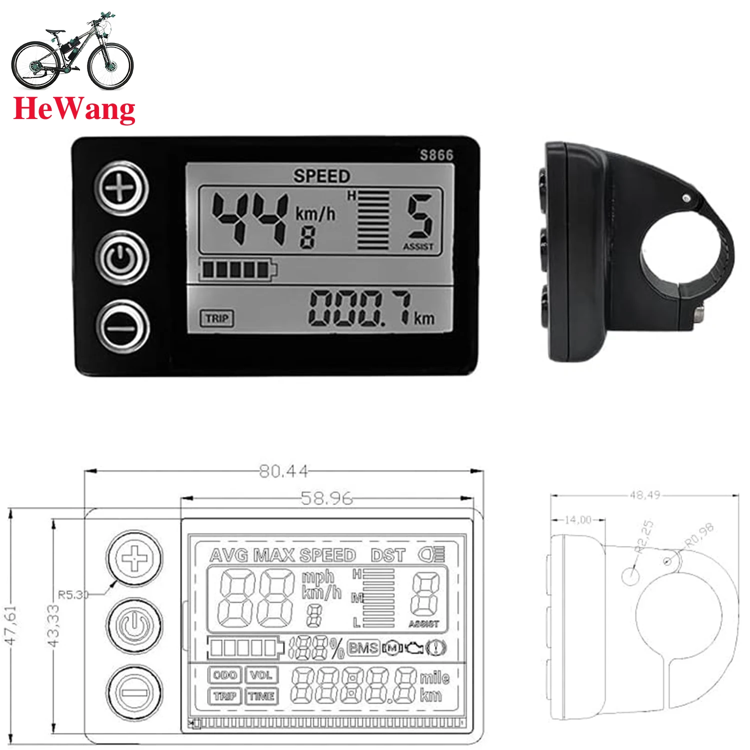 Écran LCD S866 Pour Vélo électrique 24V 36V 48V – Panneau De Configuration Avec Support 22,2 Mm, étanche IP65