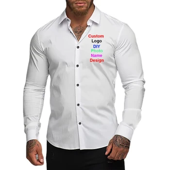 Camicie a maniche lunghe da uomo personalizzate con logo del marchio fai-da-te Primavera Autunno Colletto rovesciato Camicia elegante da lavoro Top larghi oversize