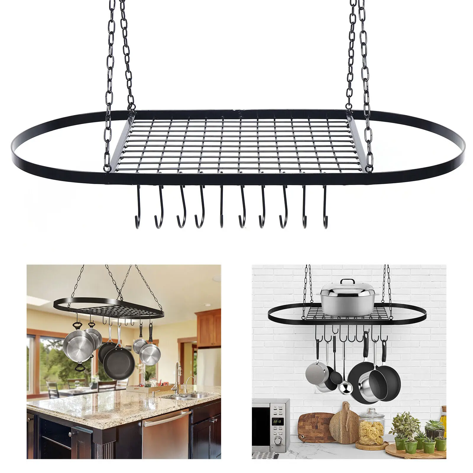 

32" Kitchen Hanging Pot Pan Rack Hanger Cookware Holder Storage Shelf 10 Hooks Cookware Organizer Storage Shelf