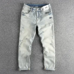 Heavy craft wash cat must do old jeans men spring loose straight leg American retro trend embroidered pants
