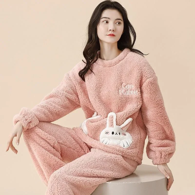 2024 New Coral Fleece Pajama Women's Autumn Winter Thick Loungewear Flannel Sleepwear Solid Color Round Collar Loungewear Set