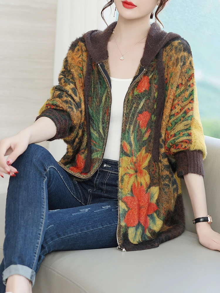 

Vintage Cardigans Sweaters Women New Autumn Batwing Long Sleeve Knitted Coat With Hooded Harajuku Loose Zipper Cardigan