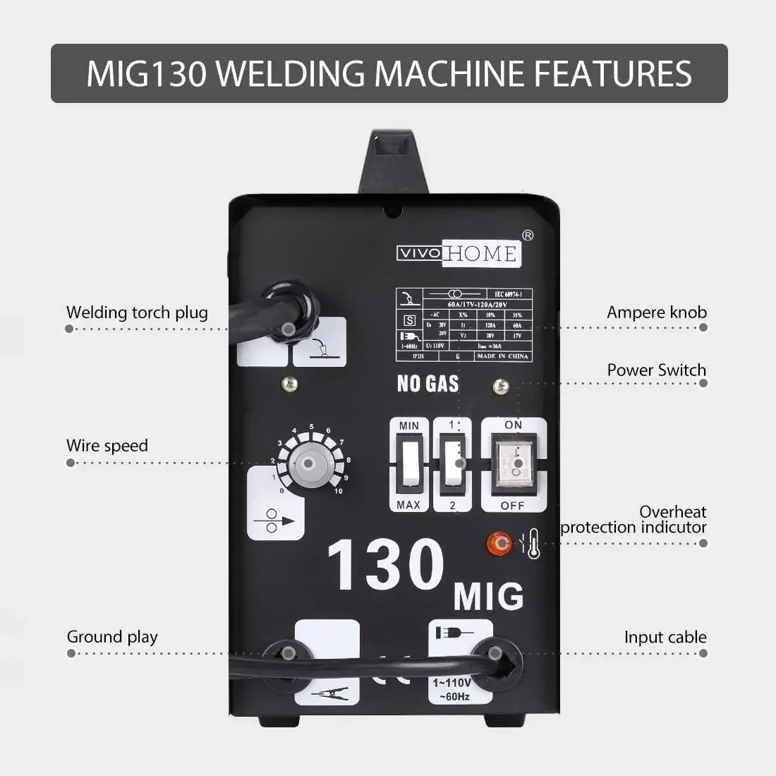 MIG Welder 130 Flux Core Wire Automatic Feed Welding Machine Portable No Gas 110V DIY Home Welder w/Free Mask Black 2