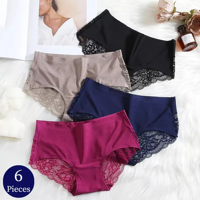 2/4/6Pcs Women's Panties Exquisite Lace Underwear Silk Satin Sexy Seamless Lingerie Female Briefs Plus Size Comfort Underpants 1