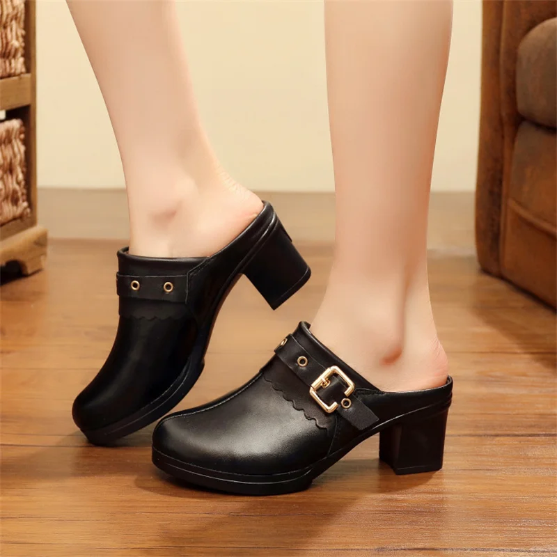 Fashion Women Pumps Slippers Ladies Female Slides Shoes Sandals 2022 Indoor Shopping Mall High-Heeled Slippers Genuine Leather
