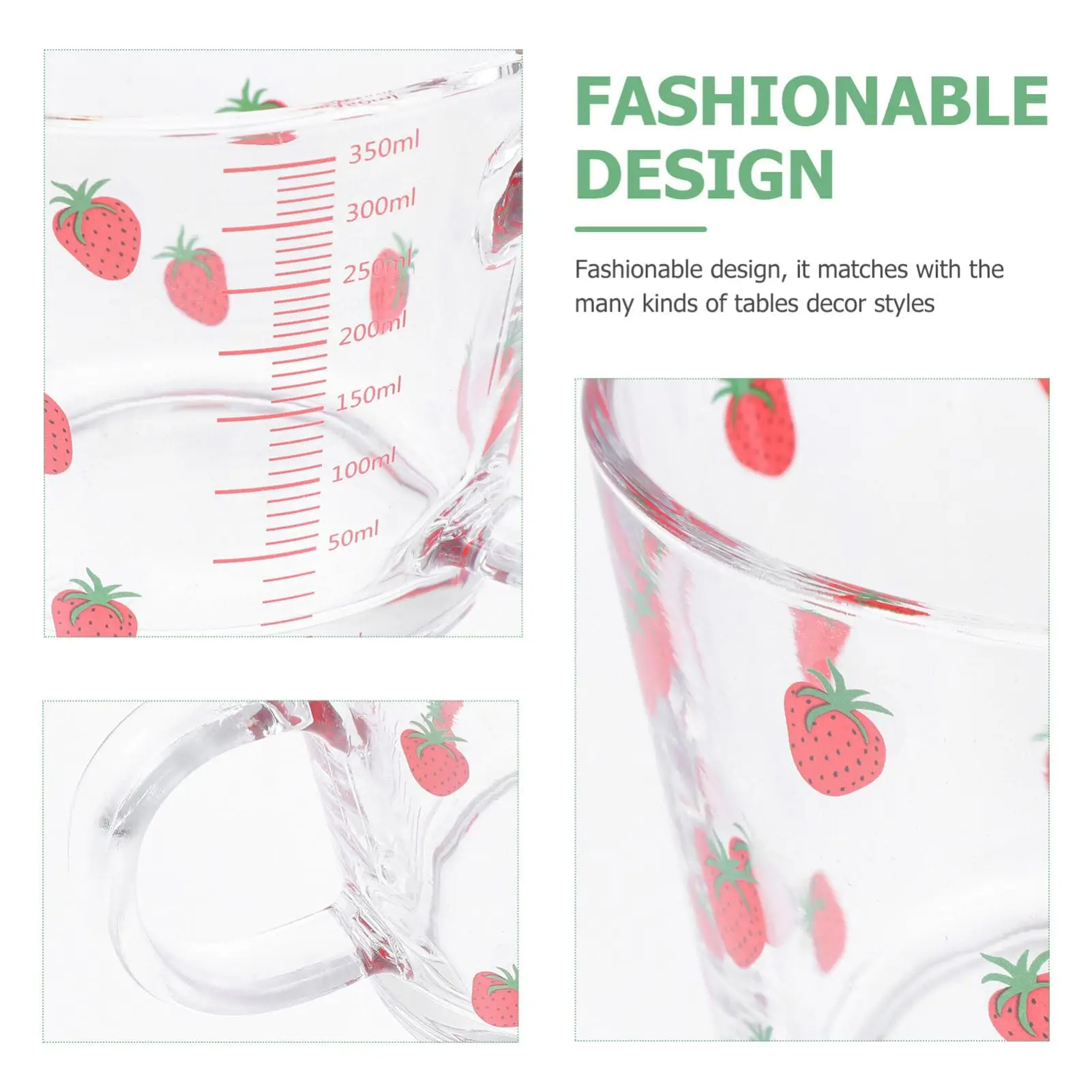 Strawberry Glass Measuring Cup 350ml/12oz-Tempered Glass, Handle-Perfect for Milk, Juice, Cappuccino Accurate Measurements