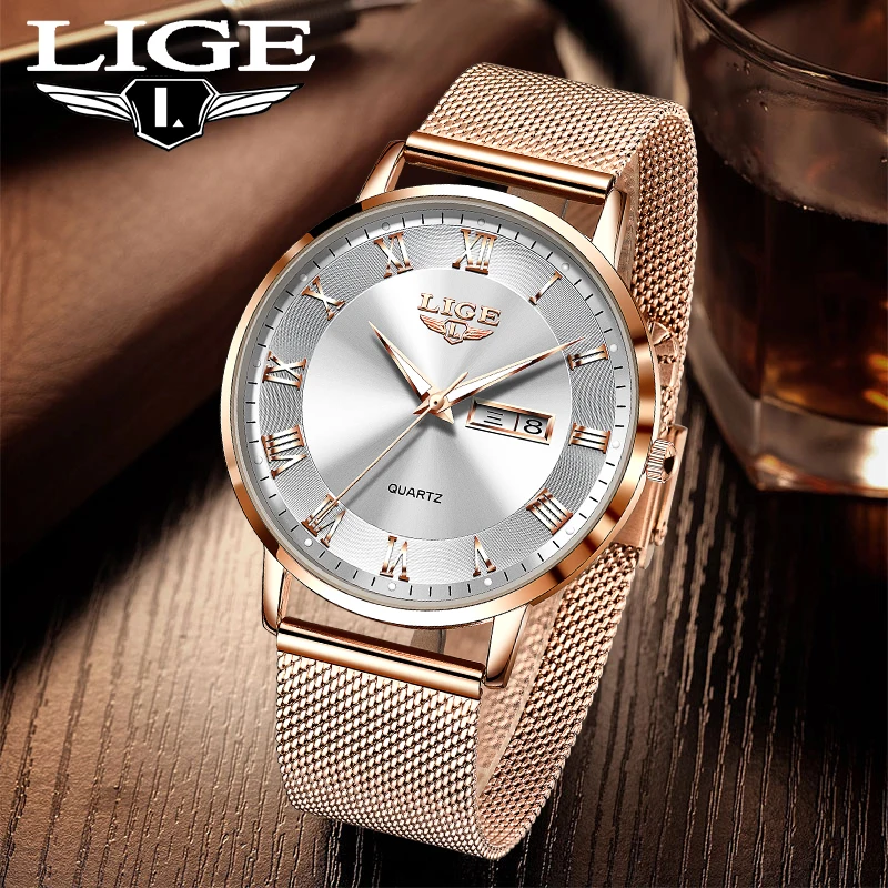 LIGE Top Brand Luxury Man Watch Ultra thin Mesh Belt Fashion Business Quartz Watches for Men Waterproof Luminous Date Week Clock