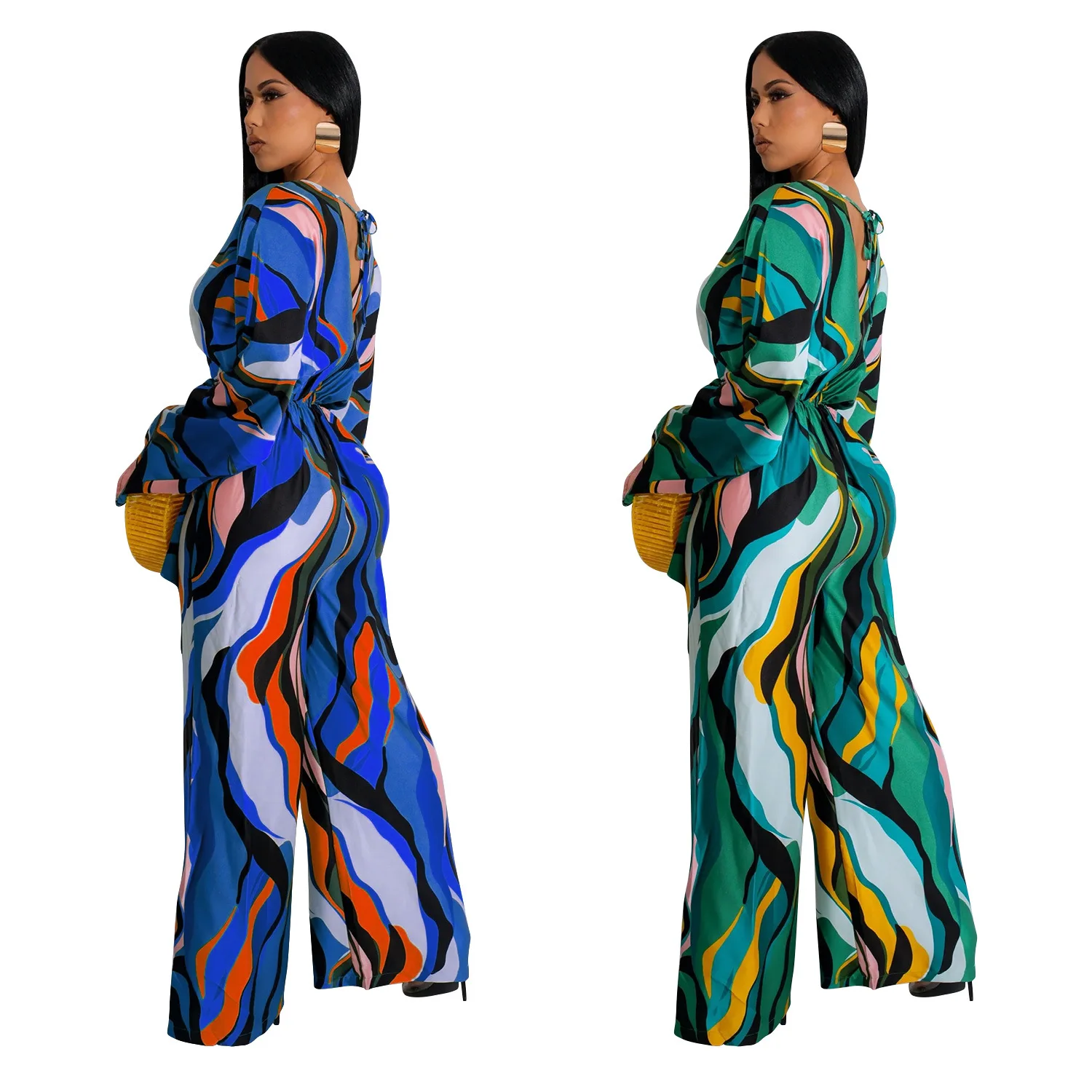 Fashion Women's Casual Printed Lace-Up Long Sleeve Wide Leg Jumpsuit