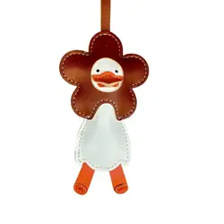 Charming Leather Flower Duck Keychain - Handmade Bag Accessory & Gift (Brown Hat)