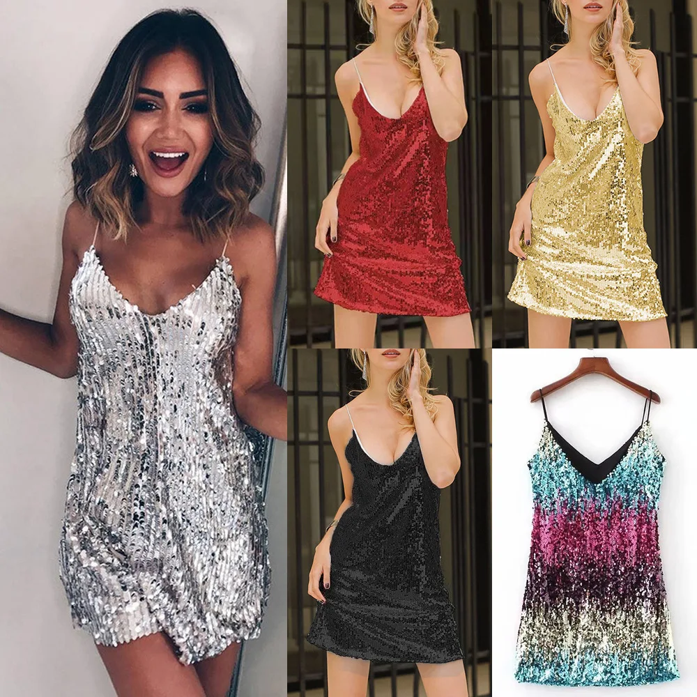 

Sexy V-neck Sequins Mini Dress New Nightclub Party Sexy Dress for Women Glittering Sequin Sling Dresses Fashion Clothes Shining