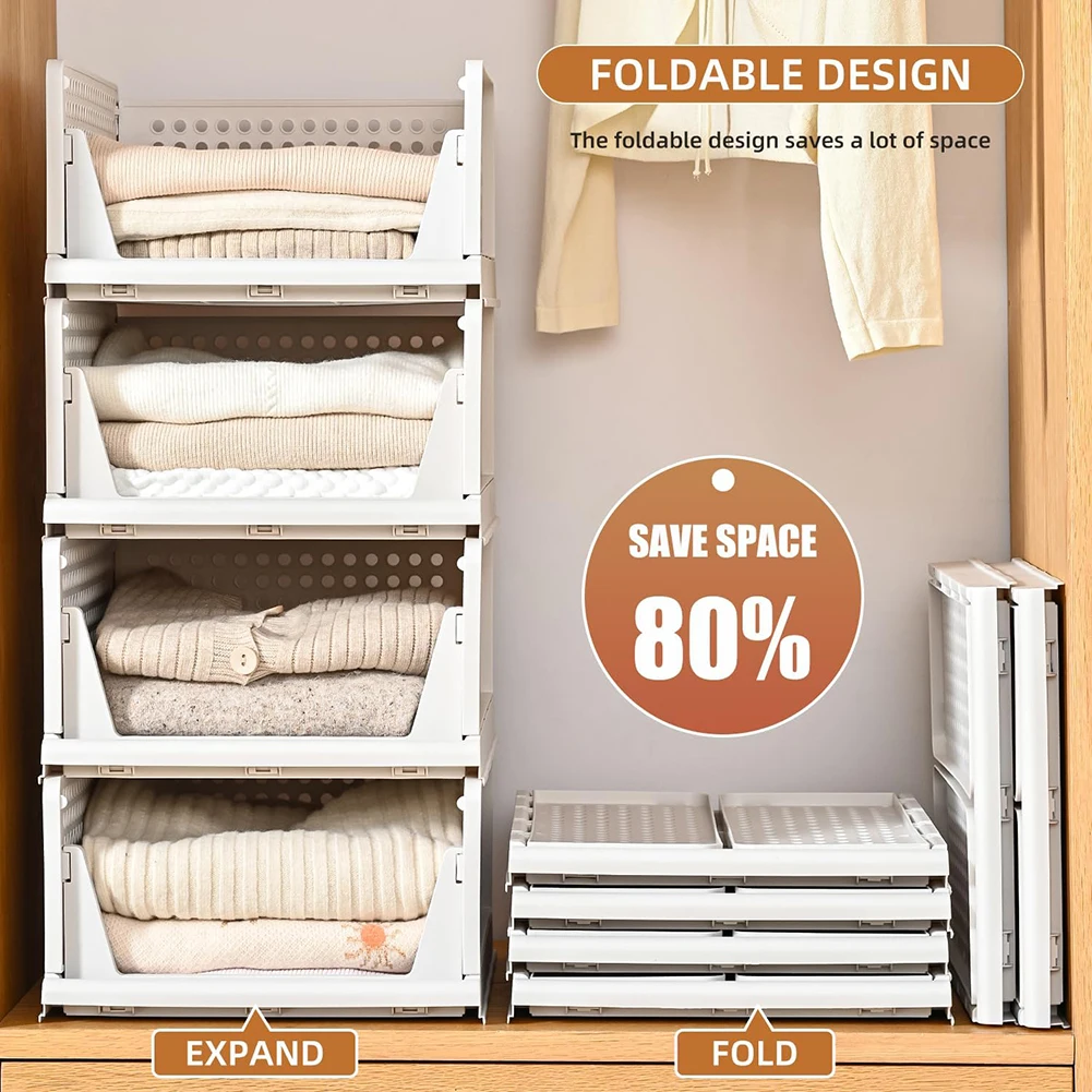 TidyIsles Garderobe Opbergorganizer - 4-pack opvouwbare kastorganisatoren, stapelbare opbergdozen, plastic ladeorganisatormand voor slaapkamer, keuken, badkamer, wit TidyIsles Garderobe Opbergorganizer - 4-pack opvouwbare kastorganisatoren, stapelbare opbergdozen, plastic ladeorganisatormand voor slaapkamer, keuken, badkamer, wit