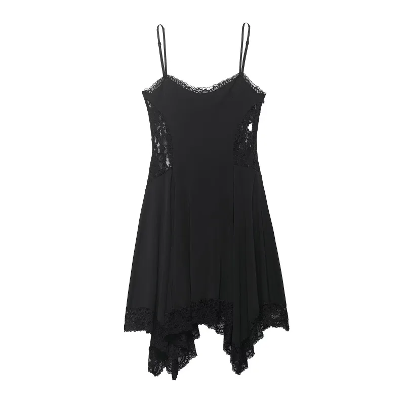 Schwarzes schulterfreies Spitzen-Minikleid für Damen, sexy Spaghettiträger, V-Ausschnitt, unregelmäßiger Saum, Gothic-Lolita-Party-Abendkleid, Clubwear
