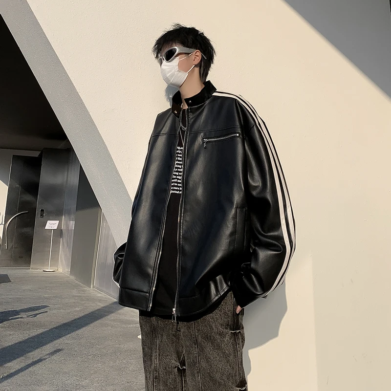 PU Faux Leather Jacket for Men Women 2024 American Retro Patchwork Stripe Design Long Sleeve Outerwear Loose Zippers Coat