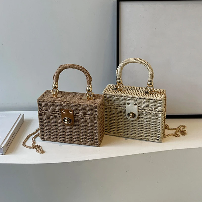 Rattan Straw Shoulder Bag Women Hand-woven Messenger Bag Summer Beach Square Box Straw Handbag For Lady Bolsa Feminina