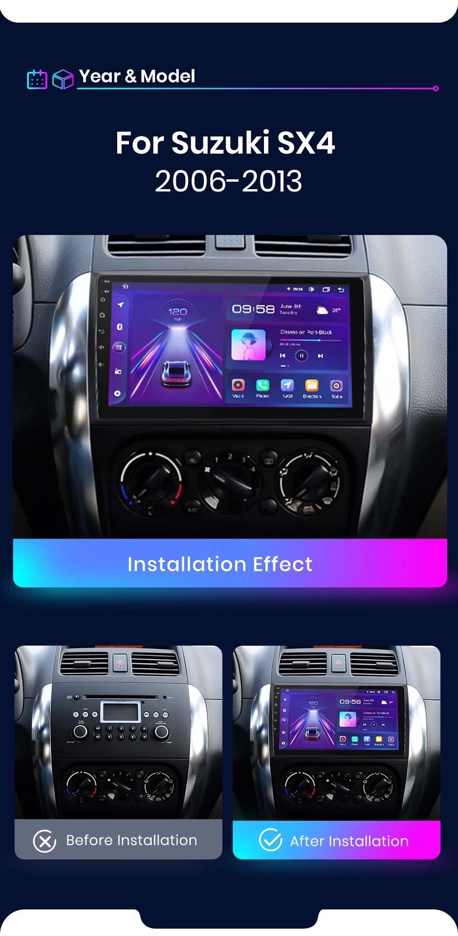 Junsun AI Wireless CarPlay für Apple Android 14 Auto Autoradio für Suzuki SX4 2006 2007 2008 2009-2013 Multimedia Navi Stereo – Detail 3
