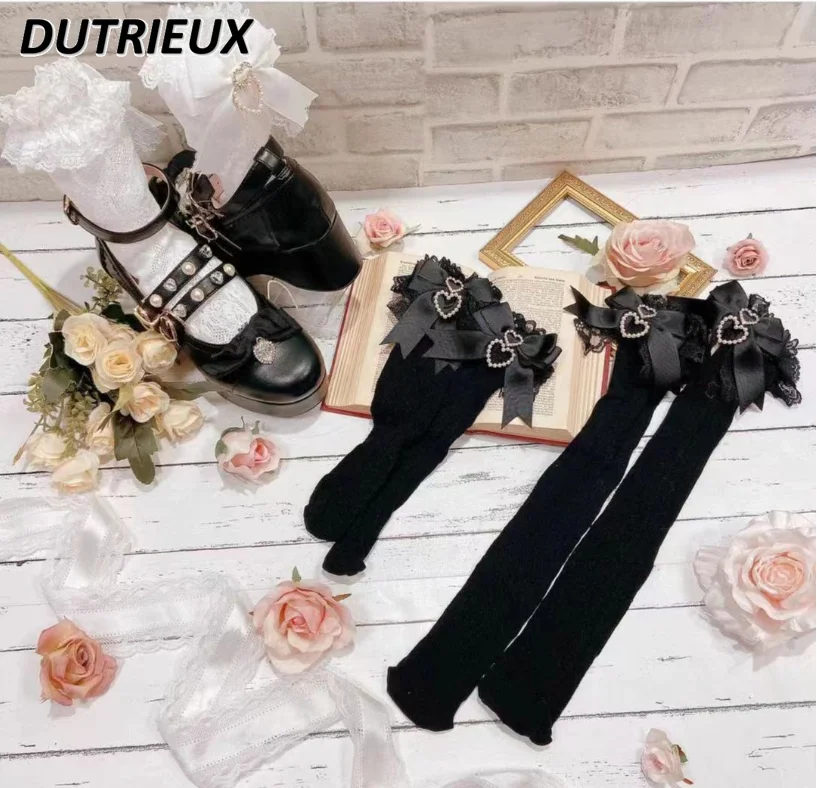 Handmade Sweet Lolita Socks Female Sweet Bow Pearl Heart Pendant Lace Tube Socks for Women Japanese Short Kawaii Girls