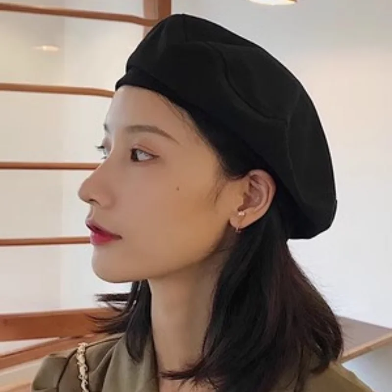 레저용 팔각형 모직 베레모, 한국 버전, 패셔너블하고 다목적, 심플한 블랙 화가 베레모, 영국 빈티지 모자, 편안함