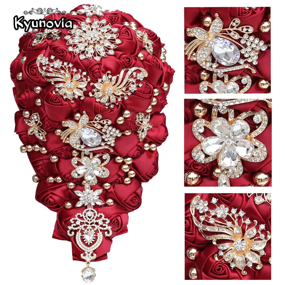 Cascading Bridal Bouquet Wedding Bridal Bouquet Artificial Rose Flowers with Ribbons Waterfall Flowers Bunch Burgundy