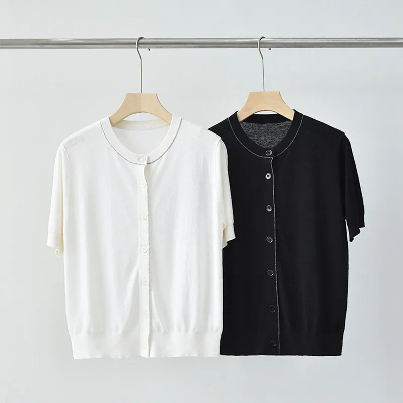 

Women Beading Stitching Knit Cardigan 2023 Summer Thin White or Black Short Sleeve Casual Female O-Neck Sweater