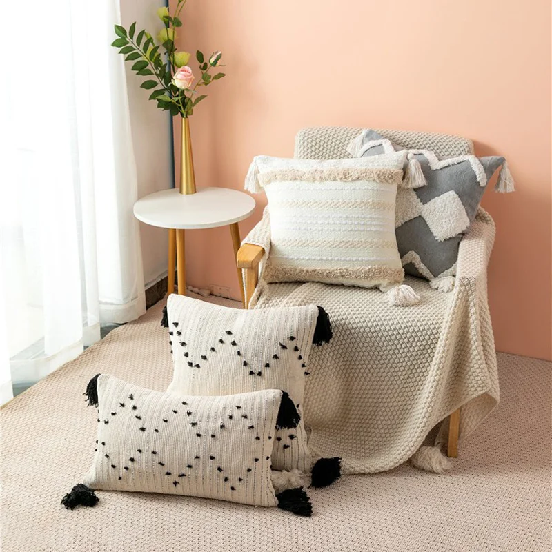 

Cushion Tufted Cover With Tassel Cotton Geometric Nordic Style Modern Simple HandMade Throw Pillow Case For Home Decoration MT
