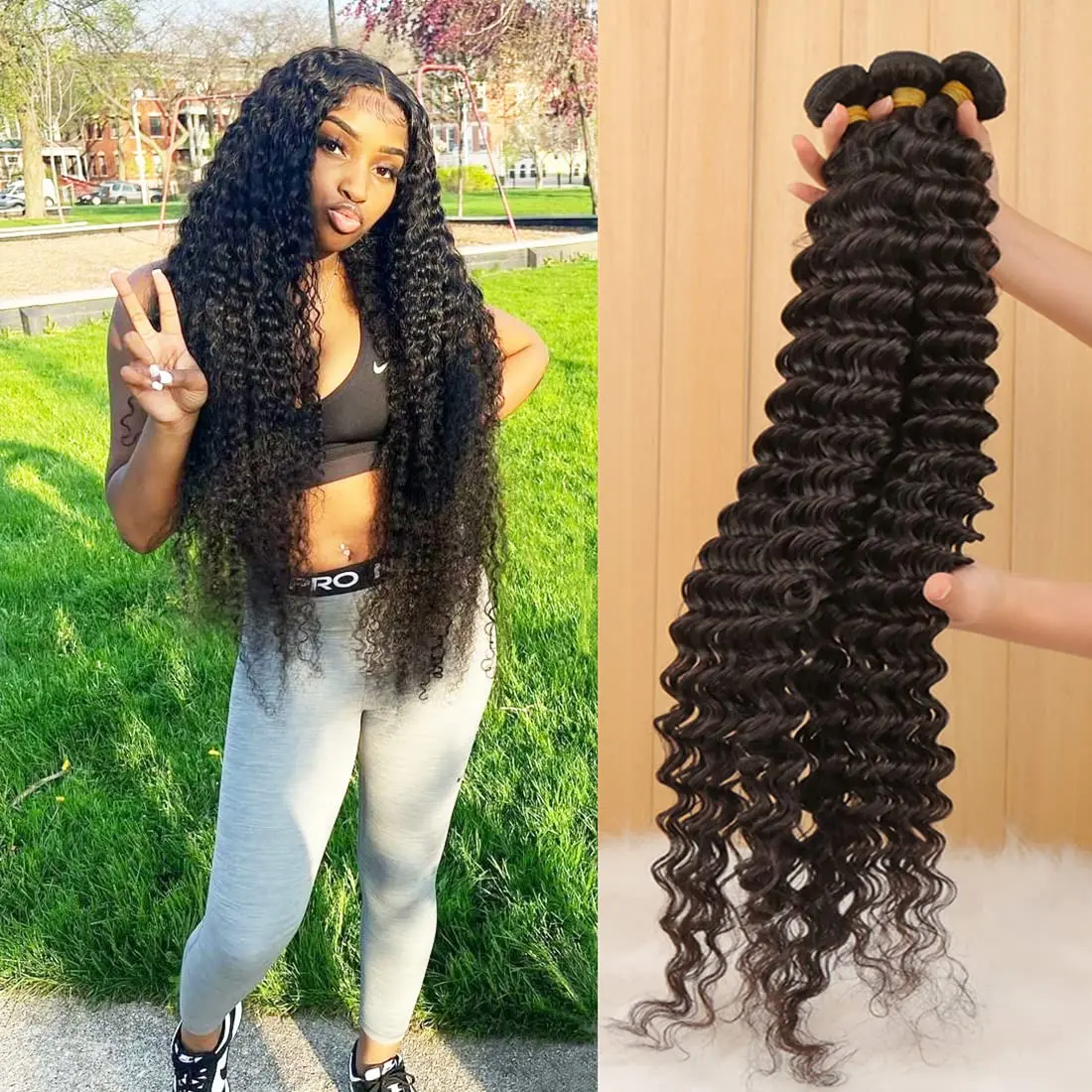 

Deep Wave Bundles Human Hair 10A Double Weft Weave Deep Wave 1/3/4 Bundles 100% Unprocessed Brazilian Remy Human Hair Extension