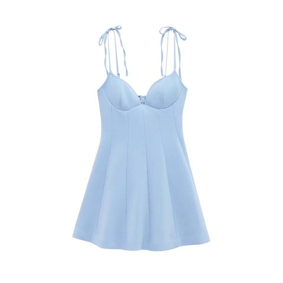 UNIZERA women's V-neck dress with elegant bow decoration shoulder strap sweet sleeveless suspender short blue spring new dress