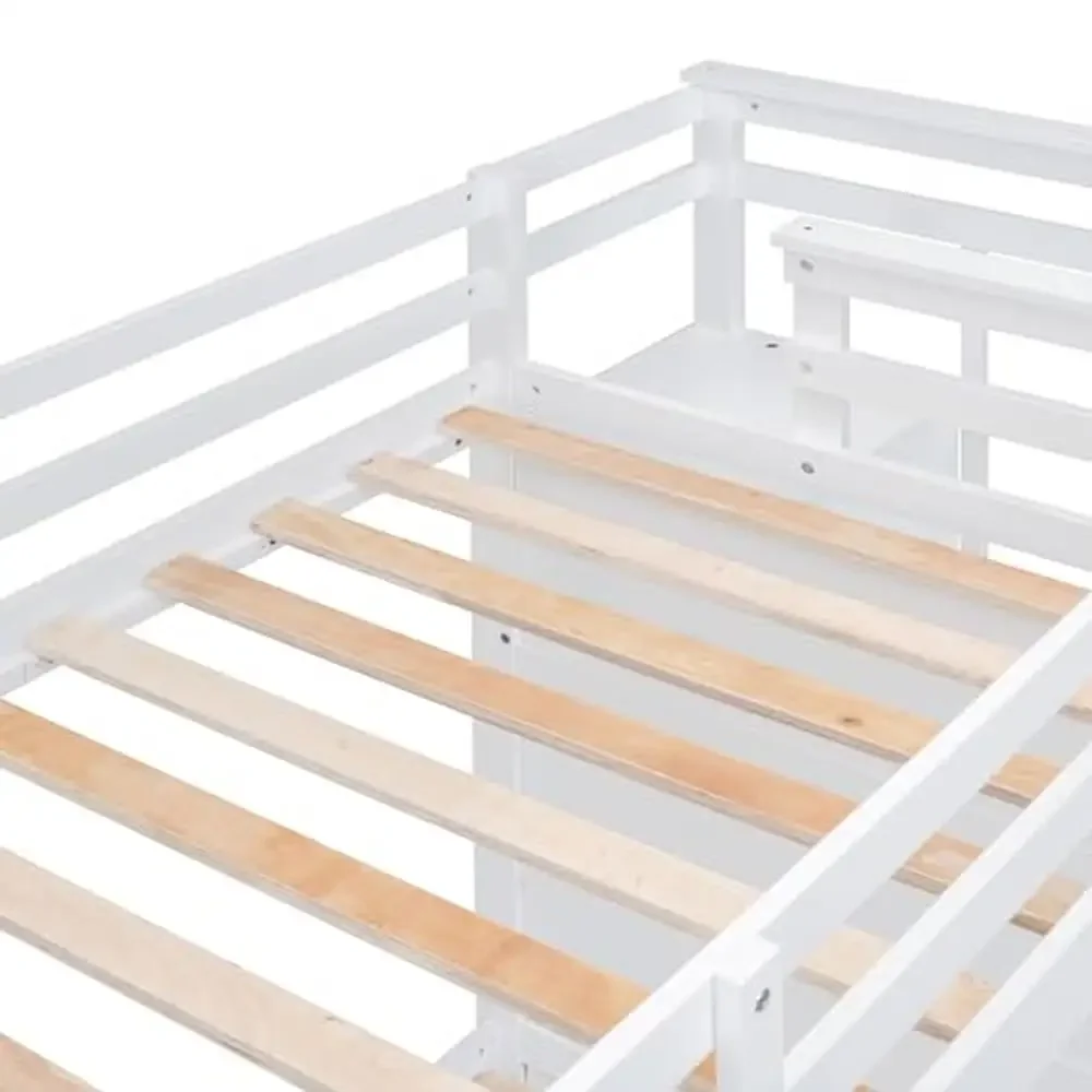 Solid Wood Twin Over Twin Bunk Bed with Stairs Trundle and Storage Drawers Safe Rails and Sturdy Climbing White Finish Size