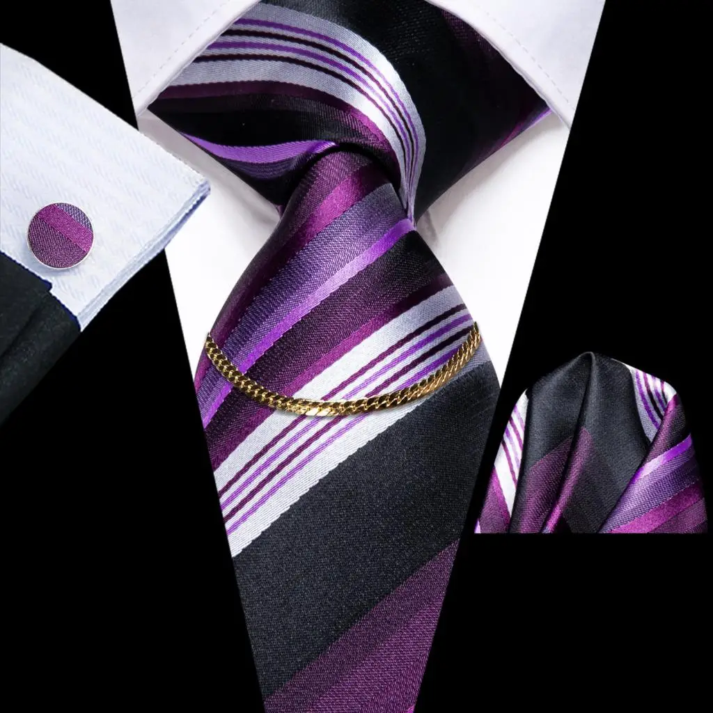 2023 New Striped Purple Luxury Silk Men Tie Fashion Necktie Chain Hanky