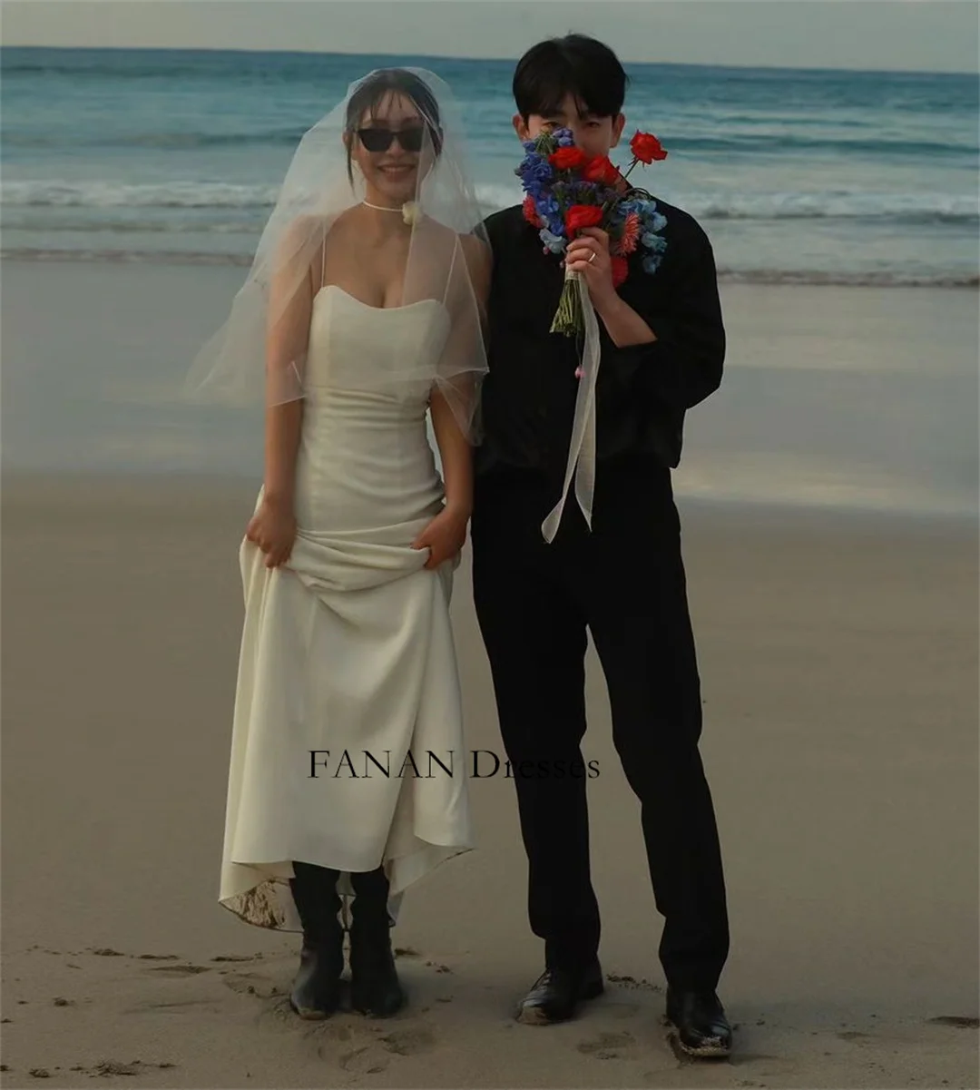 

FANAN Korea Ivory Satin Simple Wedding Dresses Sweetheart 웨딩드레스 Sleeveless Long Corset Custom Made Bride Gowns Plus Size