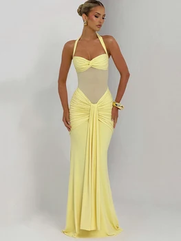 Sibybo Abito lungo con volant drappeggiato senza maniche per le donne Abiti eleganti Halter Backless Mesh Patchwork Abiti da festa aderenti Vestido 1