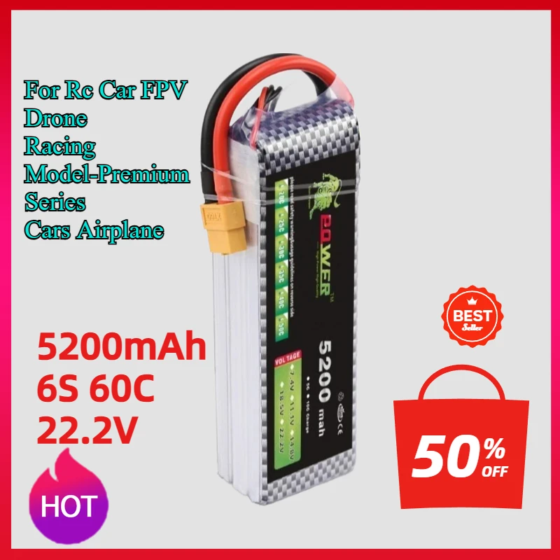 Batterie LiPo 5200mAh 6S 22.2V 60C pour Drone FPV et RC - Prise XT60/XT90