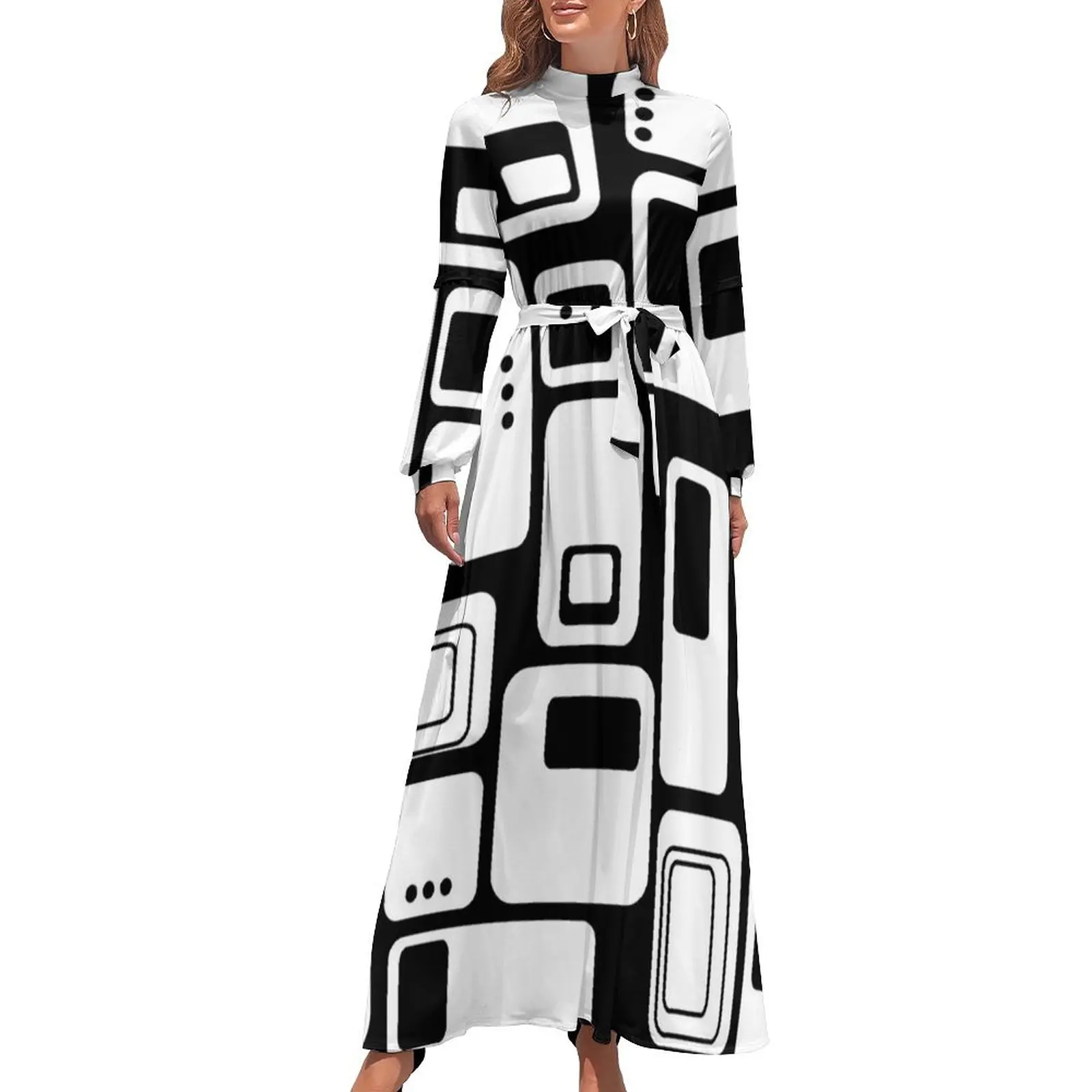 thumbnail image 1 of Vestido largo abstracto con contraste en blanco y negro, vestidos elegantes para mujer para bodas, vestidos largos, 1 of 5