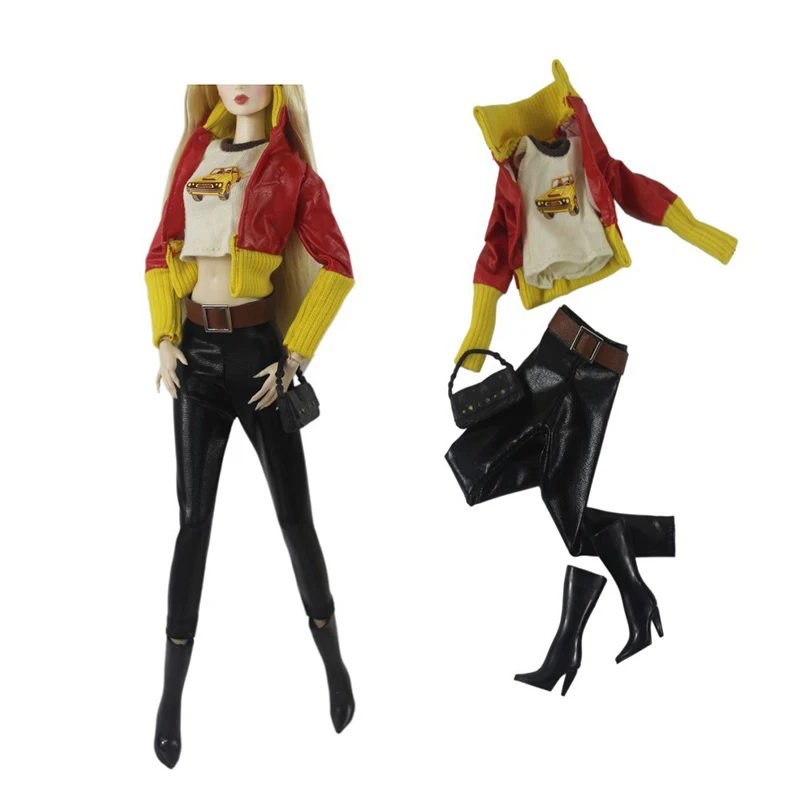 

1Set Doll Clothes Fashion Color Contrast Leather Jacket Short Coat Tights Boots Bag Doll Costume