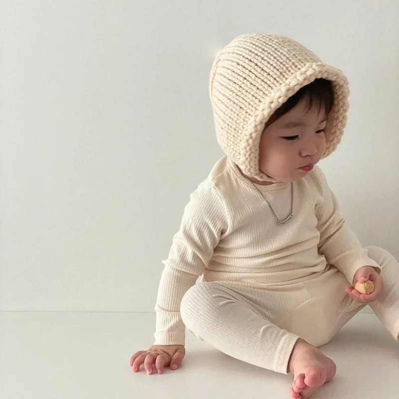 New Autumn Baby Boy Girl Pajamas Solid Pit Stripe O-neck Pullover Top+Elastic Waist PP Pants Newborn Home Wear Nightgown E8311