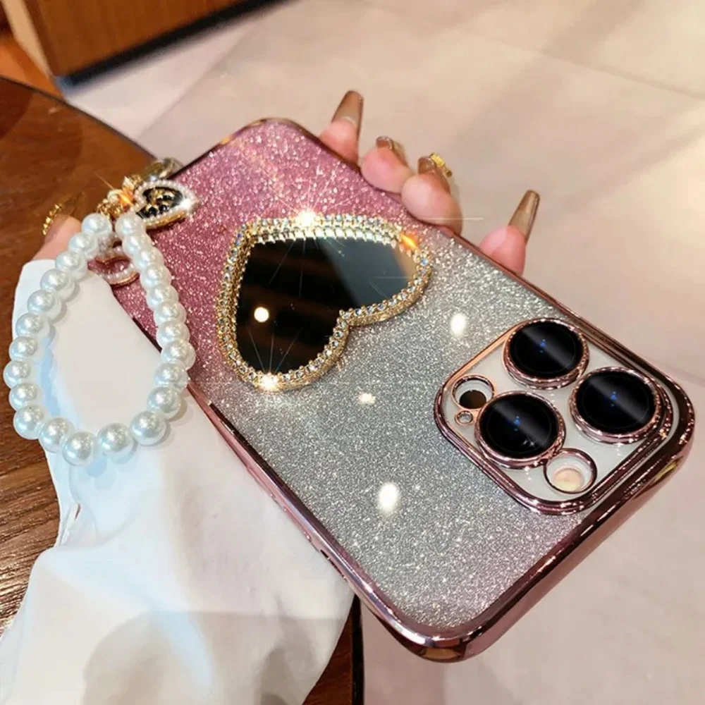 Luxury Diamond Love Mirror Phone Case with Pearl Heart and Hanging Rope