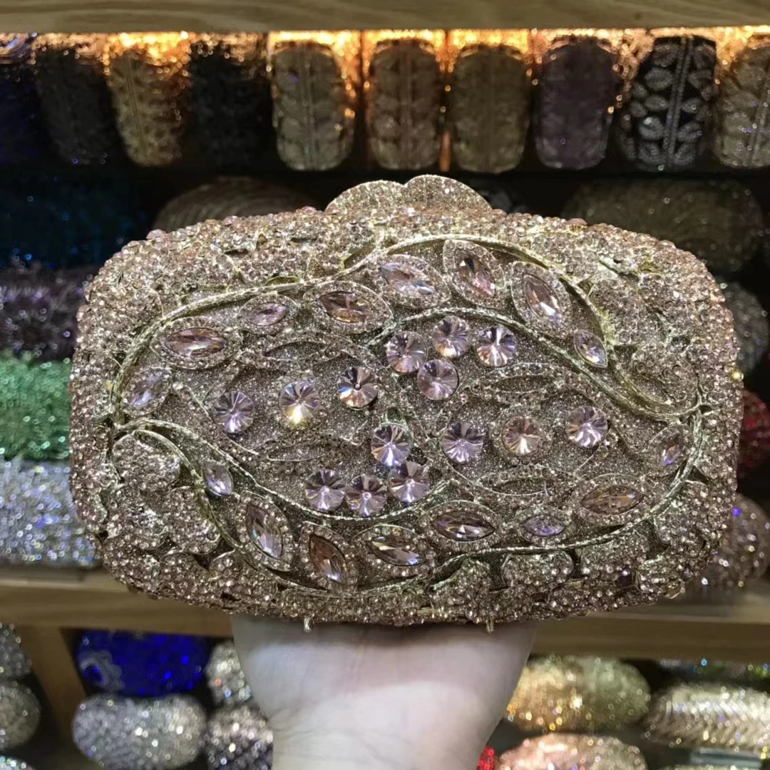 XIYUAN Women Rose Gold Stones Clutch Bags Lady Champagne Evening Bag Metal Minaudiere Rhinestone Clutches Wedding Party Purse