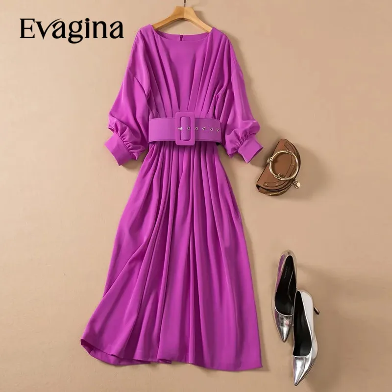 

Evagina New Fashion Runway Designer Women's Slash Neck 3/4 Sleeved Purple Detachable Waistband Fold Dress