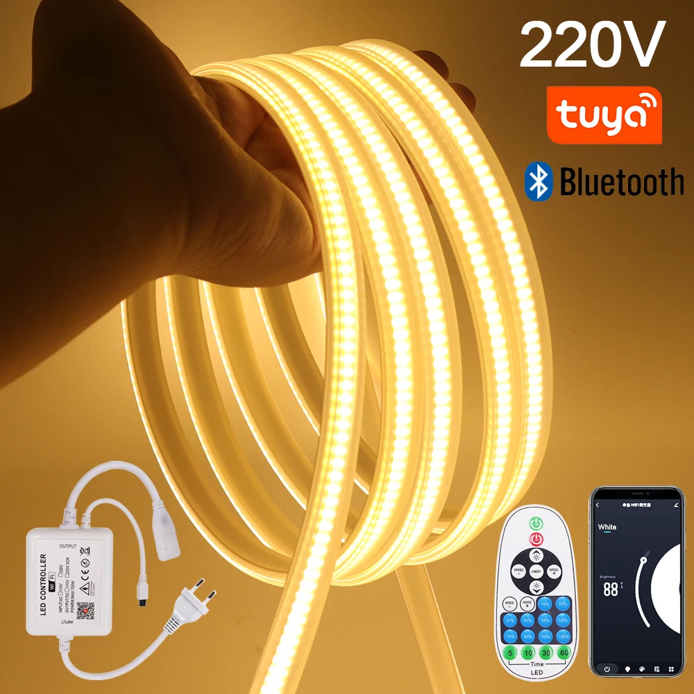 Tuya Smart Wifi COB LED Strip EU 220V 288LEDs/m Bluetooth APP Control Waterproof Flexible Led Tape Works With Alexa Google Home