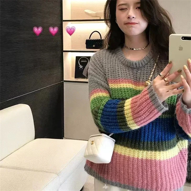 Women Knitted Sweater Long Sleeved Rainbow Striped Pullover