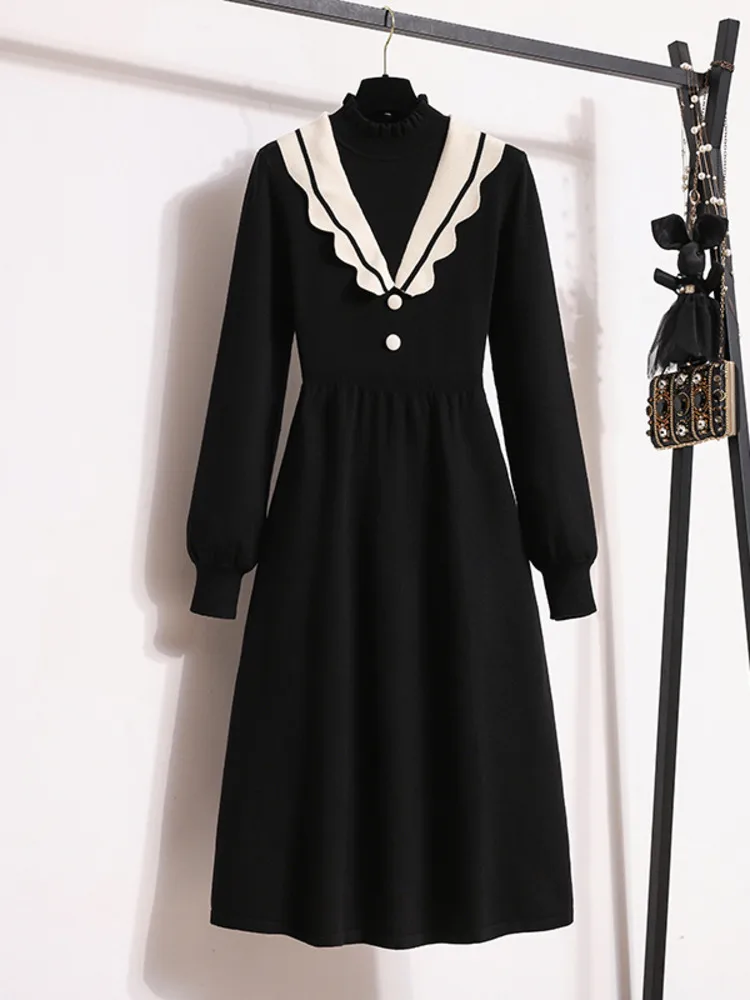 

Женское трикотажное платье-свитер, элегантное ТРАПЕЦИЕВИДНОЕ ПЛАТЬЕ во французском стиле с оборками и высокой талией, модель 4XL на осень и зиму