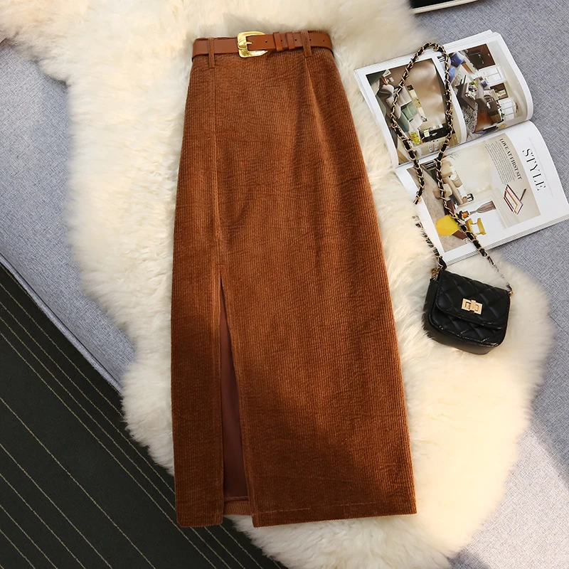Temperament Retro Corduroy Slit Skirt Female Autumn and Winter Mid-length High Waist Elegant A-line Fashion Sexy Hip Skirt