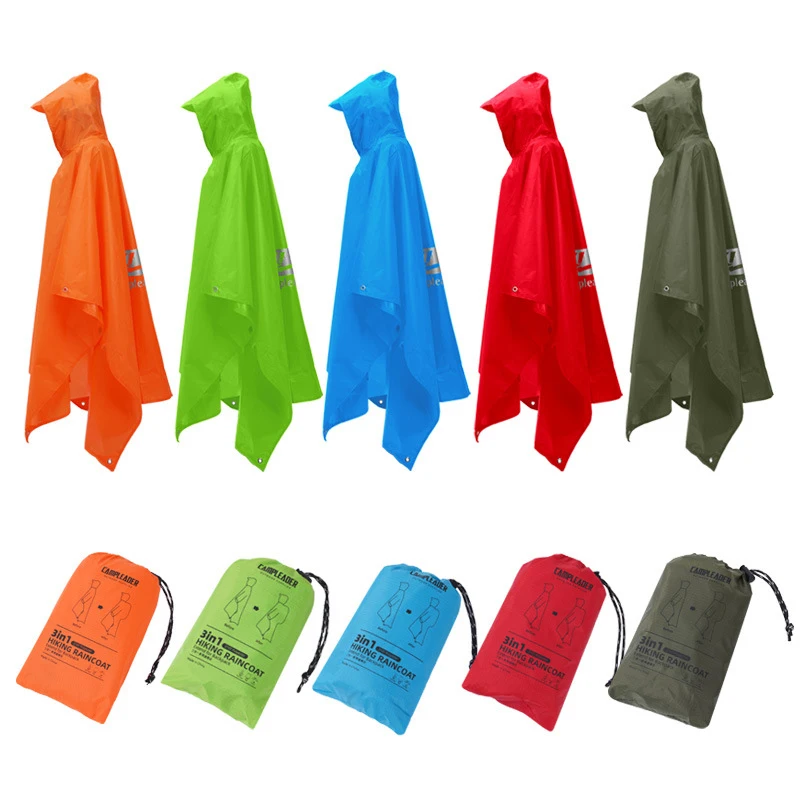 3 in 1 Multifunctional Raincoat with Hood Outdoor Men Women Poncho Hiking Fishing Mountaineering Rain Jacket Camping Tent Mat