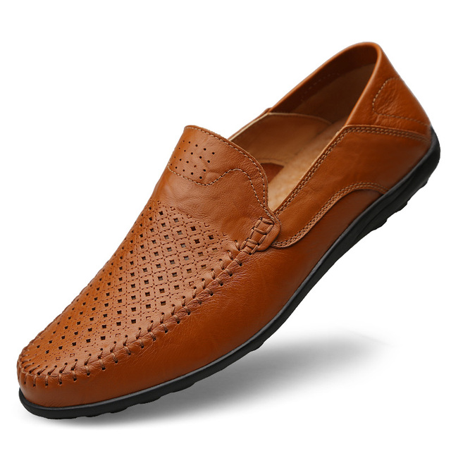 Echt Lederen Herenschoenen Casual Luxe Merk Formele Heren Loafers Mocassins Italiaanse Ademende Slip-On Mannelijke Bootschoenen Plus Size