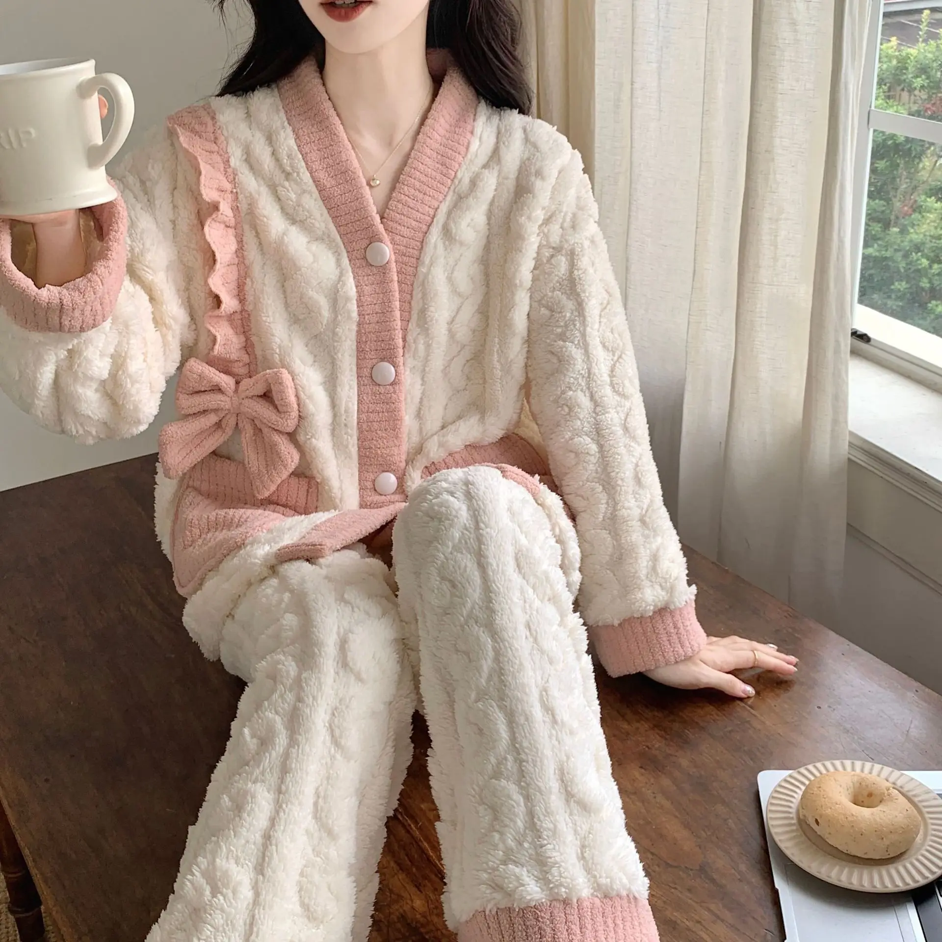 2pcs Pajamas Set Women Flannel Fleece Autumn Cartoon Warm Pijamas Long Sleeved Sleepwear Winter Fashion Woman Loungewear Pyjamas