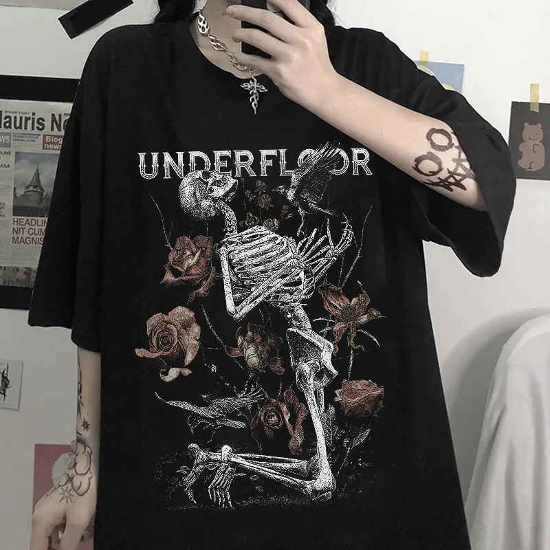 Skeleton Print Gothic Women's Grunge Aesthetic Goth T Shirt Dark Edgy Streetwear Graphic Tee Unisex Fashion Tops - T-shirts - AliExpress