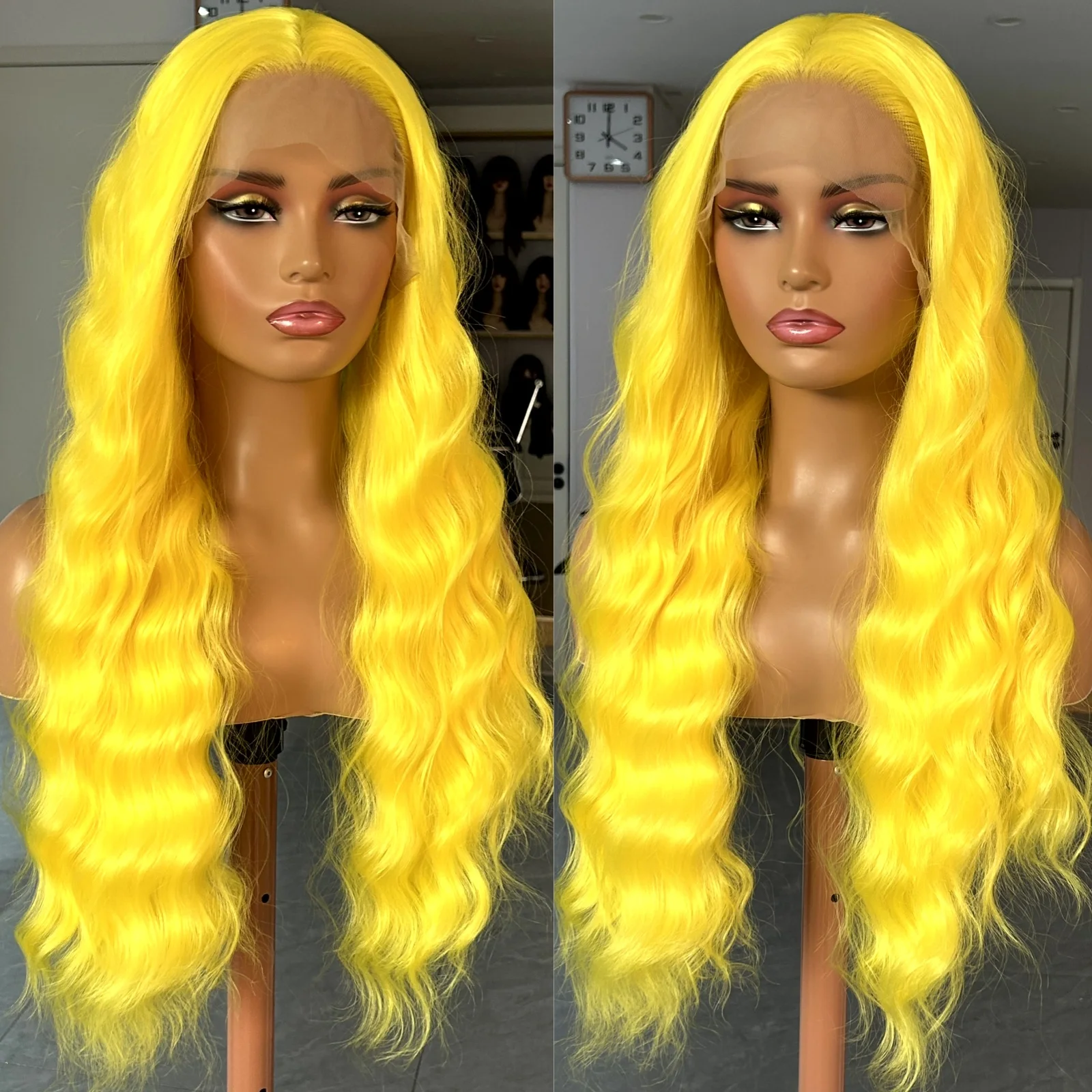 Lemon Yellow Wig Long Wavy Natural Curly Synthetic Lace Front Wig Free Party Deep Wave Colored 13X4 Frontal Wigs for Women Party